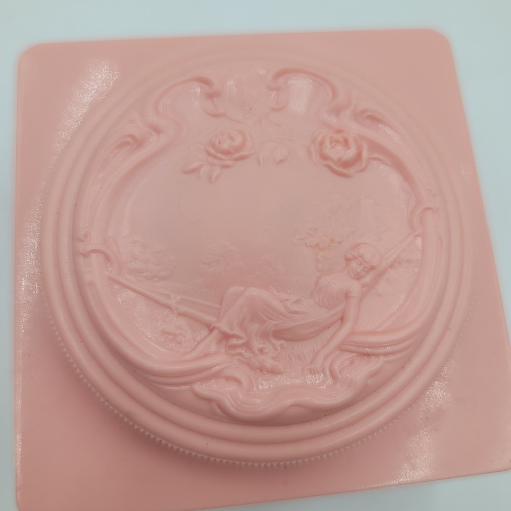 Vintage Bryan Pink Plastic Powder Box Art Nouveau Lady Hammock Vanity Jar - Picture 4 of 6